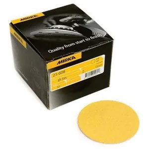 Mirka Abrasives Bulldog Gold 23608080 23 Series Semi-Open Coated Grip-On Sanding Disc, 3 in, P80 Grit, Aluminum Oxide