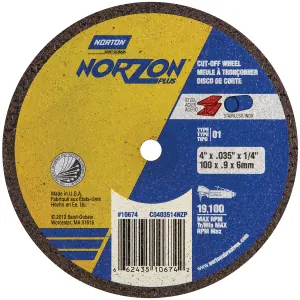 Norton NorZon Plus 10677 Cut-Off Wheel, 4 in Dia, 1/16 in THK Wheel, 3/8 in Center Hole, 19100 rpm