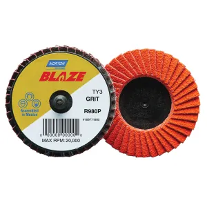 Norton Blaze 90152 R980P Series Type 27 Quick Change Flat Mini Flap Disc, 3 in Dia, 60 Grit
