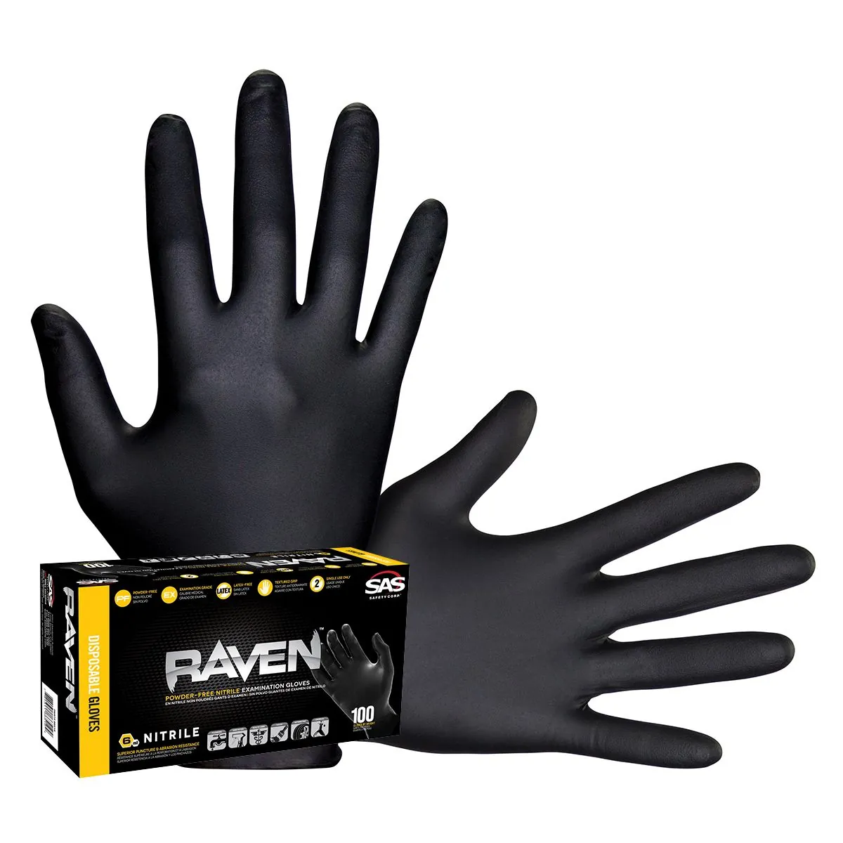 SAS Safety Raven Black 7mil PF Nitrile Gloves, Medium (pk of 100)