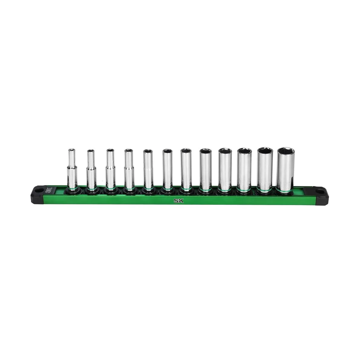 S K Hand Tools 1/4" Drive, 12 Piece, 6 Point, Deep, Metric Chrome Socket Set. Packaged on a Rail