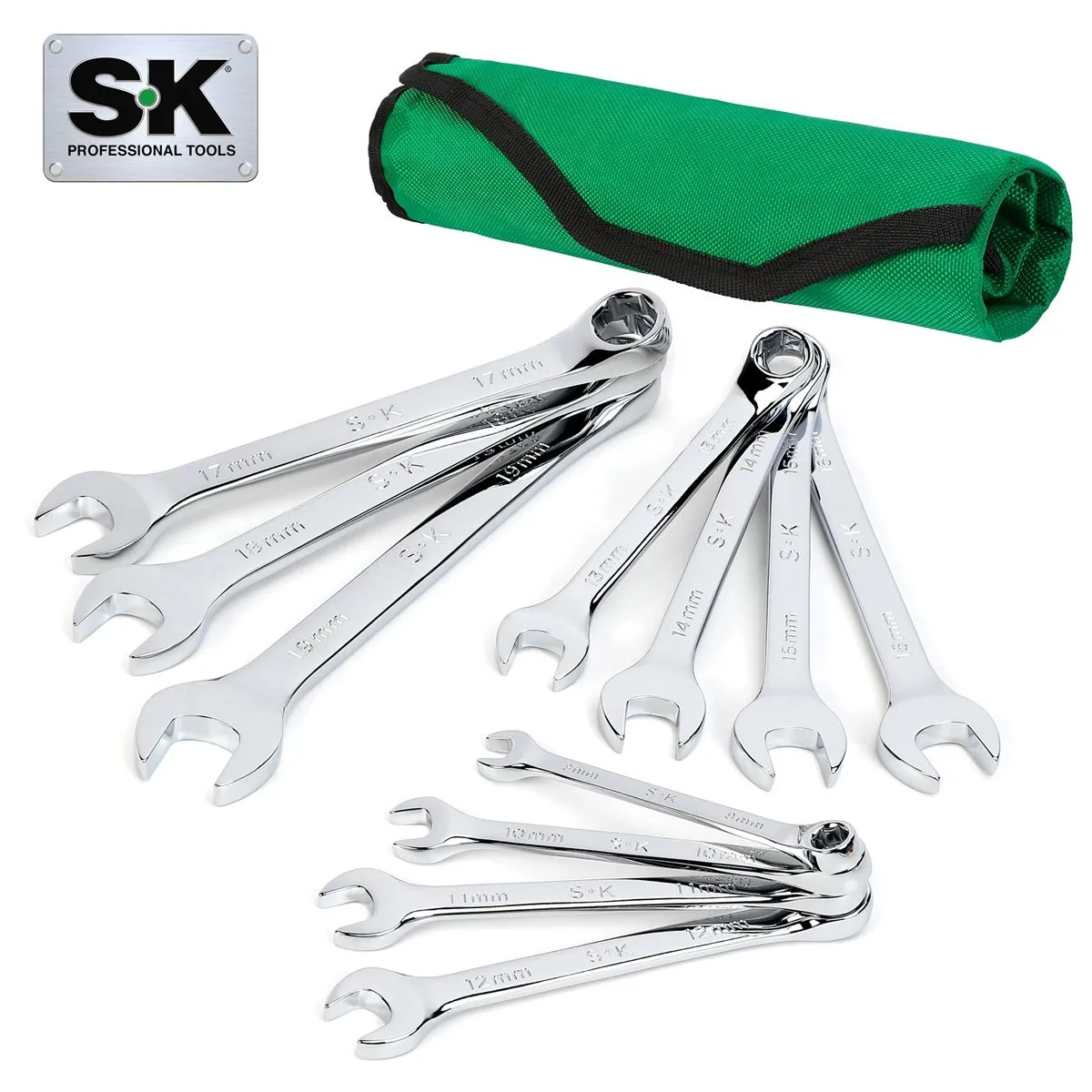 S K Hand Tools 11 Piece 6 Point Metric SuperKrome® Combination Wrench Set. Packaged in a Roll