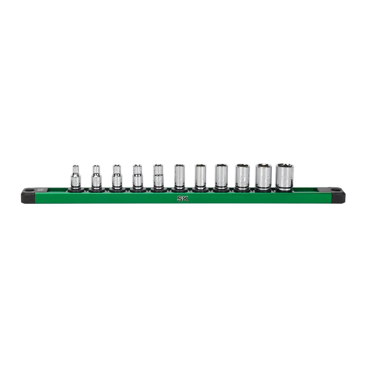 S K Hand Tools 1/4" Drive, 11 Piece, 6 Point, Shallow, SAE Chrome Socket Set. Packaged on a Rail