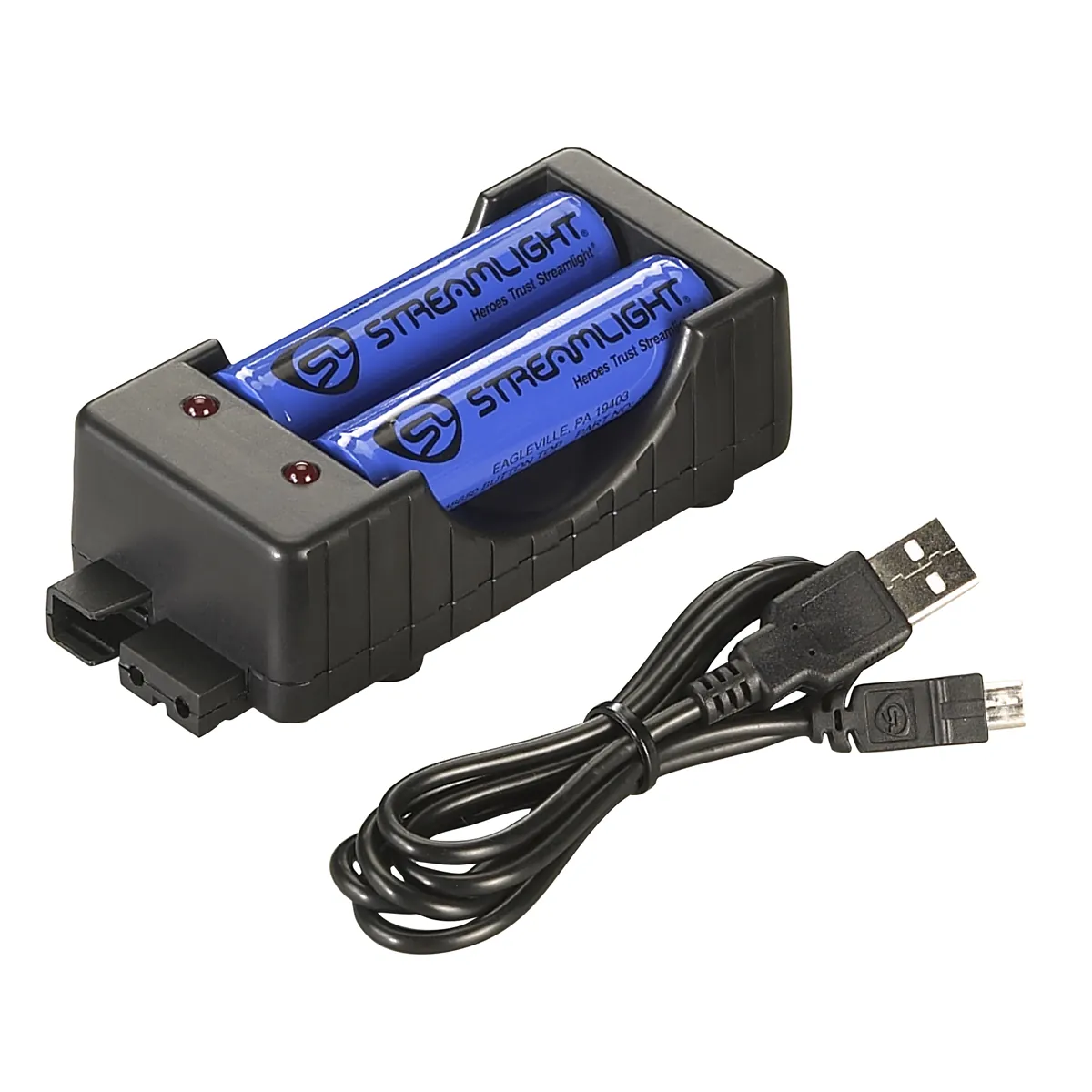 Streamlight Li-Ion Battery Pack Charger Kit with two SL-B26 USB battery packs, USB cord