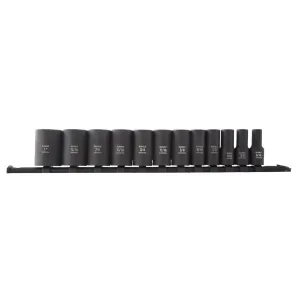 SUNEX 12 Piece 3/8 Inch Dive 12pt SAE Semi-Deep Impact Socket Set on Rail