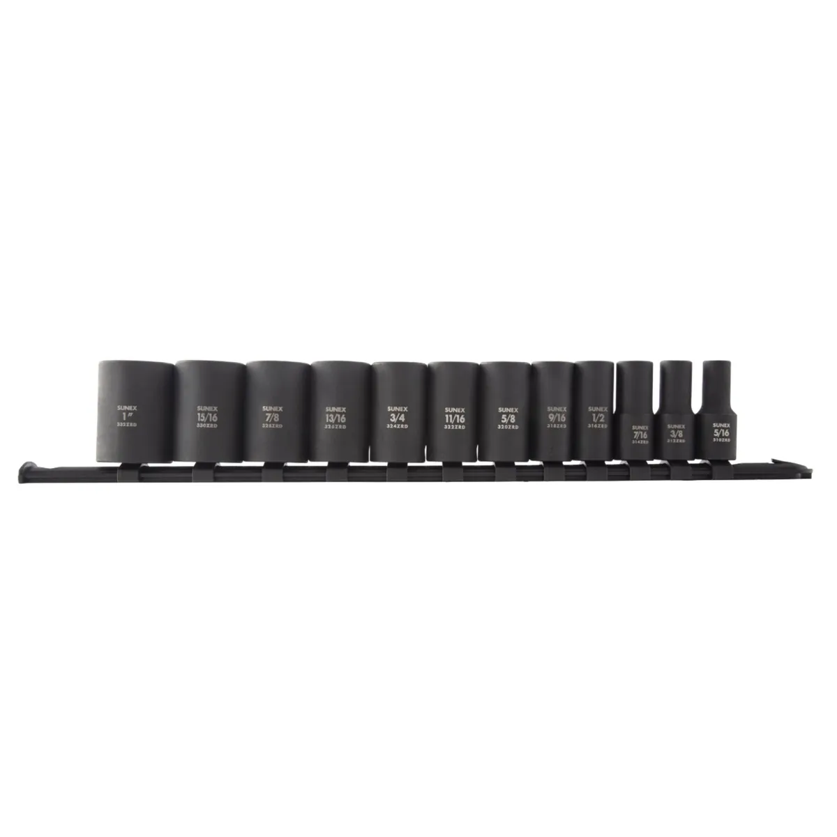 SUNEX 12 Piece 3/8 Inch Dive 12pt SAE Semi-Deep Impact Socket Set on Rail