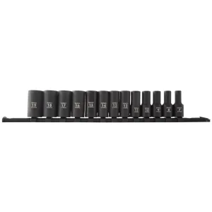 SUNEX 13 Piece 3/8 Inch Drive 12pt Metric Semi-Deep Impact Socket Set on Rail