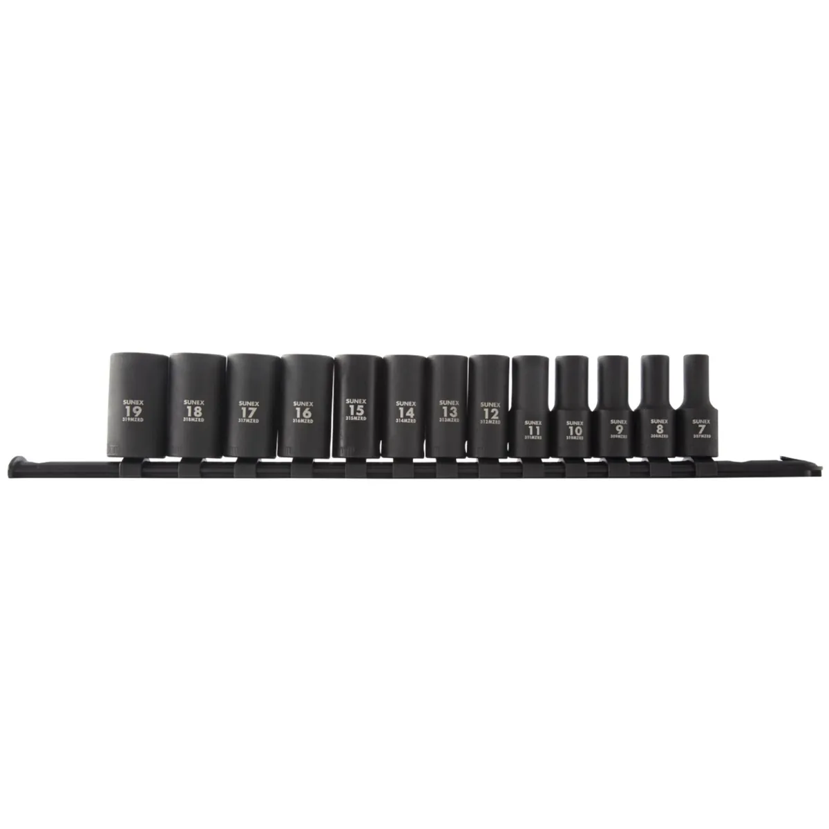 SUNEX 13 Piece 3/8 Inch Drive 12pt Metric Semi-Deep Impact Socket Set on Rail