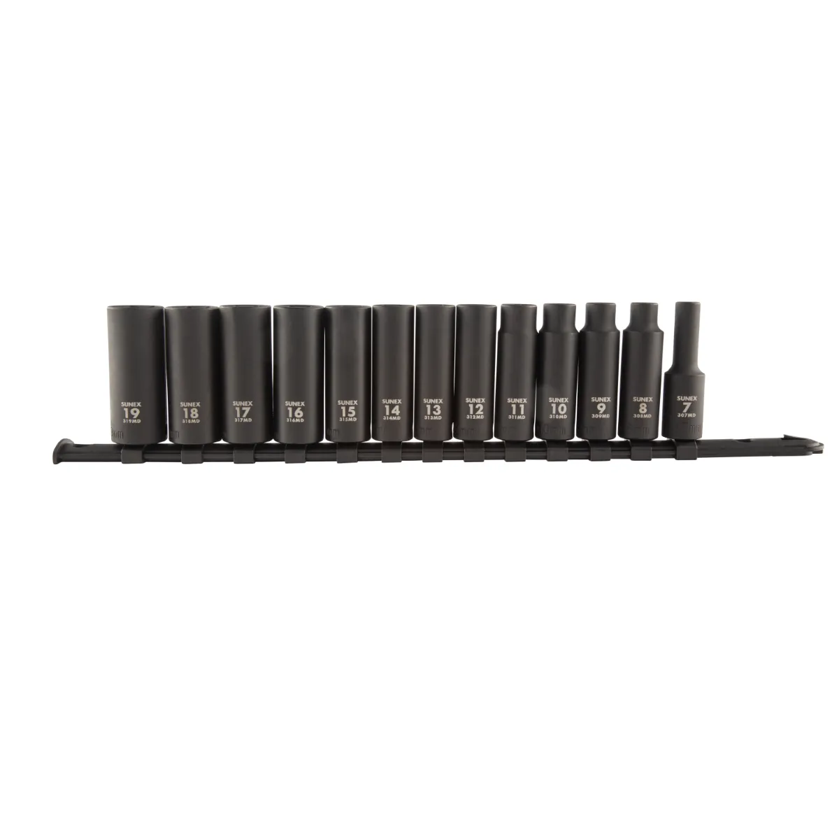 SUNEX 13 Piece 3/8 Inch Drive Metric Deep Impact Socket Set on rail