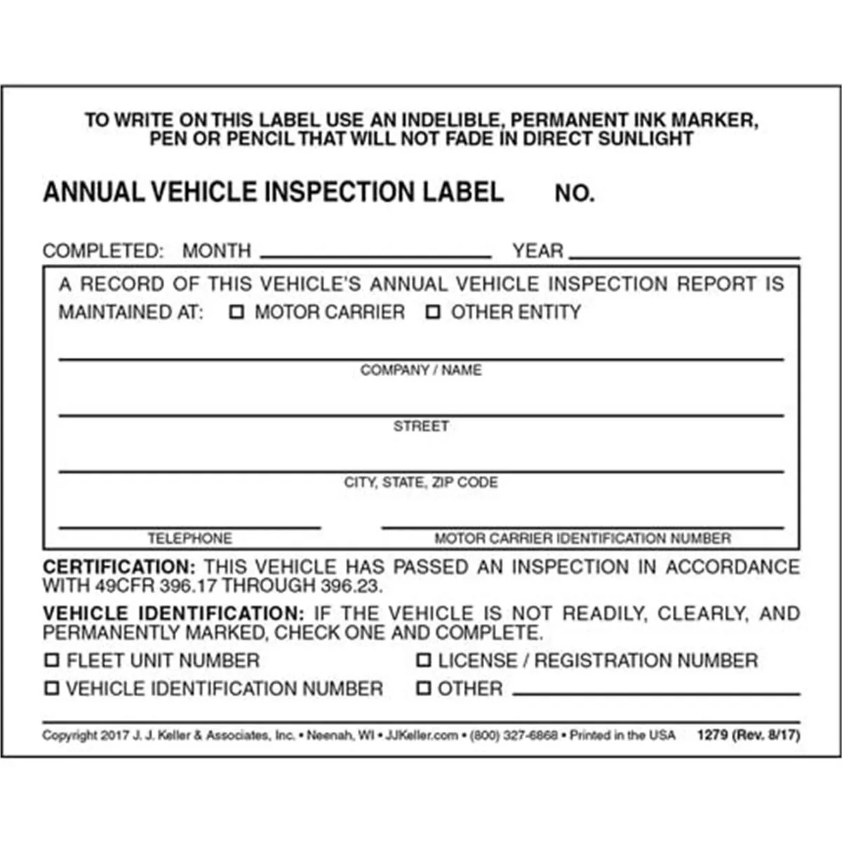 Tire Mechanic's Resource Annual Vehicle Inspection Label - Vinyl w/ Mylar L