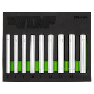 VIM Tools 9 Piece 1/4 Inch Extra Deep 6 Point Metric Socket Set - 1/4 Inch Drive (7 - 15 mm)