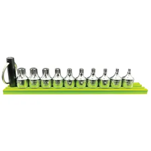 VIM Tools 10 Piece 1/4 Inch Drive TORX Half Cut Stubby Driver Set (T10 - T50) with 6 Inch Green Magrail