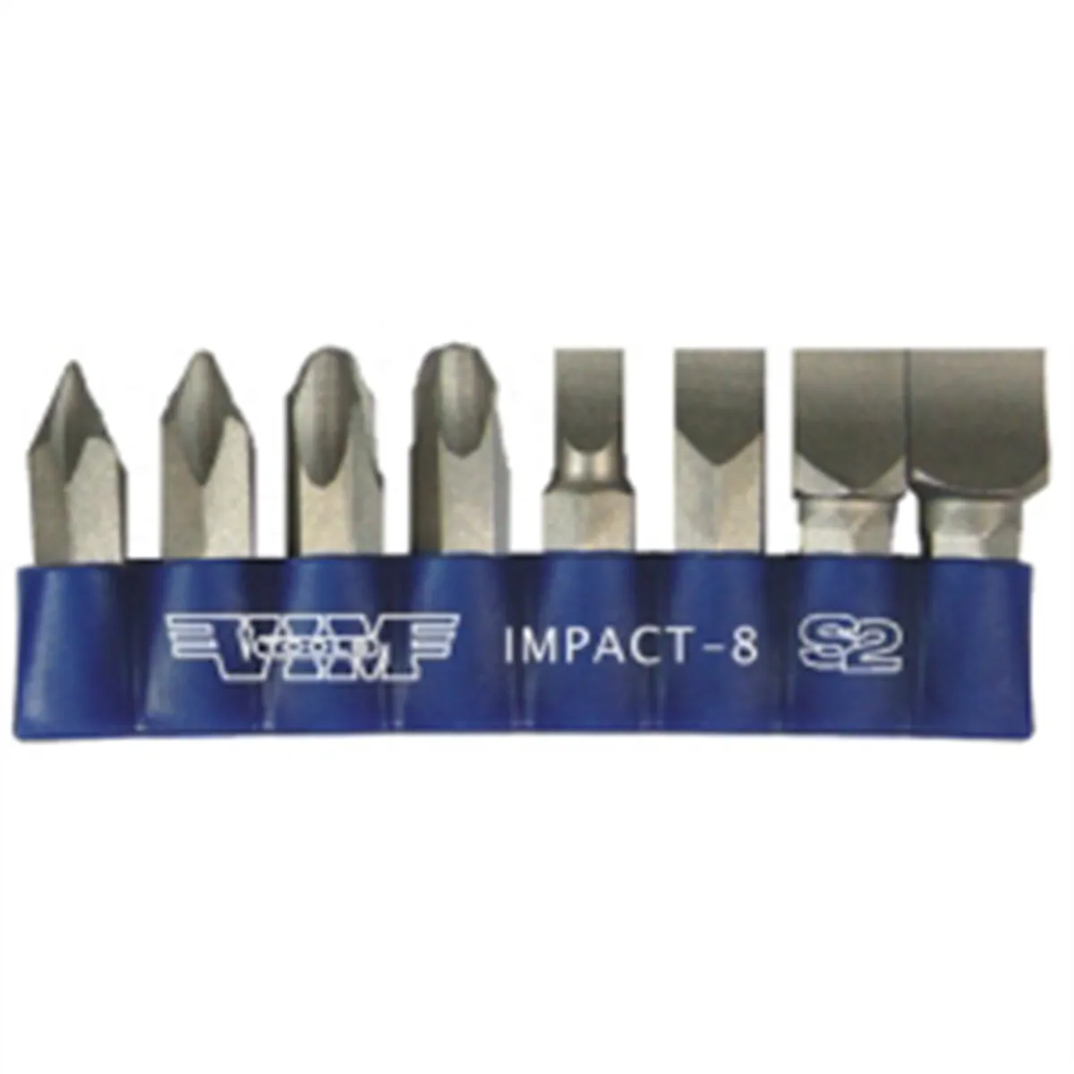 VIM Tools Impact Quality S2 Bit Set, 8 Piece Bits 5/16 Inch Hex Bodies, 1.25L, P1-P4 Phillips & Flat Tip