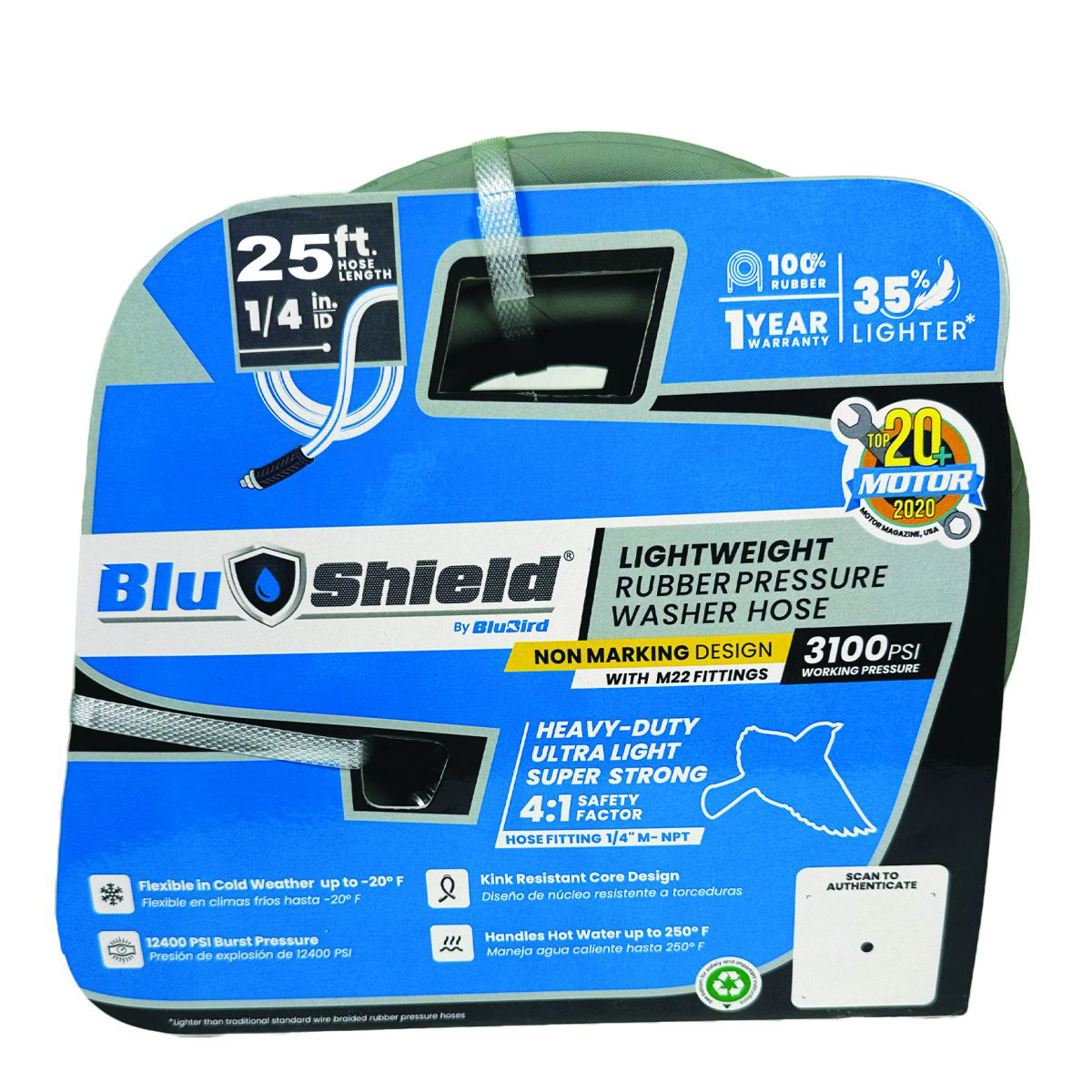 BluBird BluShield Rubber Pressure Washer Hose Assembly 1/4" x 25' w/ M22 Non Marking