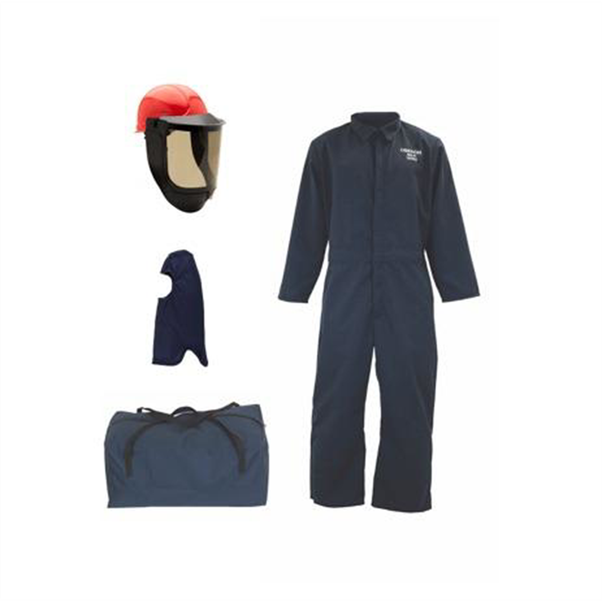 OBERON Bag Kit - Arc Flash - 12 Cal TCG2P - EZ Lift PPE - Comes With Coveralls, Hard Cap, Face Shield, Balaclava & Storage Bucket - Color: Navy Blue - Size: Small