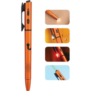 4-in-1 penlight with white/red light, green laser, USB-C charging, and smooth writing grip.